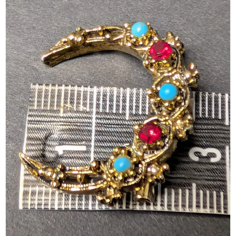 Vtg Gerry's Gold Tone Crescent Moon Brooch Pin Turquoise Ruby Red Rhinestones
